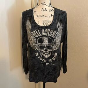 Y2K Distressed Hell Motors No Guts No Glory Cutout Shirt Emo Skull Wings Goth